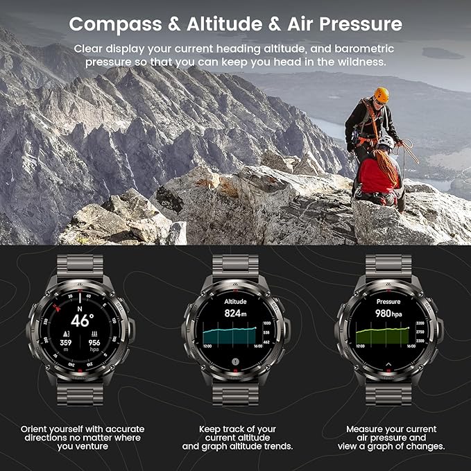 AMAZTIM GPS Smart Watch for Men, 6 Satellite Positioning, Compass, Stainless Steel Body, 50M Waterproof, 470mAh Extra-Large Battery, Answer/Make Call, 1.43" AMOLED Screen, Compatible for Android iOS