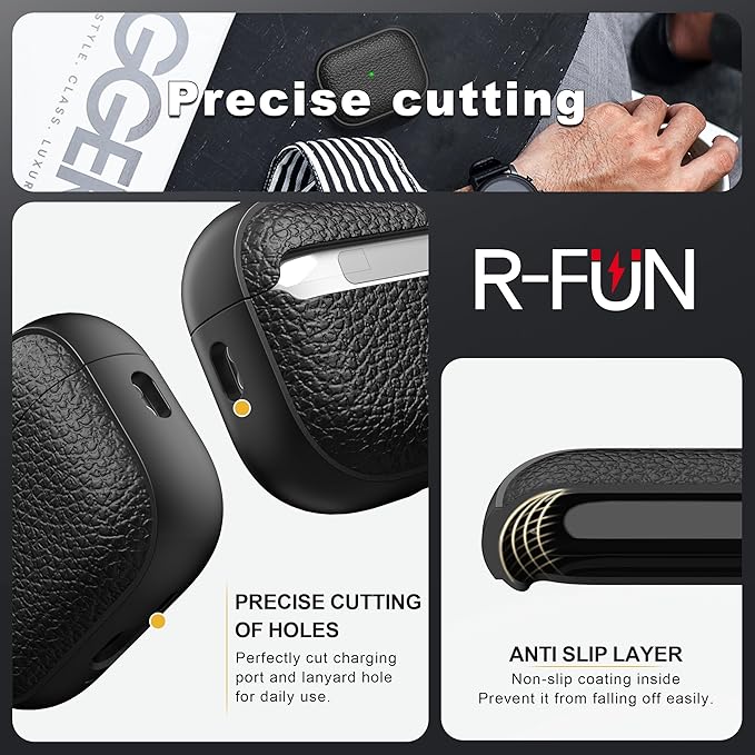 R-fun for AirPods Pro 3 Case 2025, Soft TPU (Leather-Like Design) Drop Protection Cover for Men and Women with Lanyard and Cleaner Kit, Compatible with Apple AirPods Pro 3rd Generation-Black