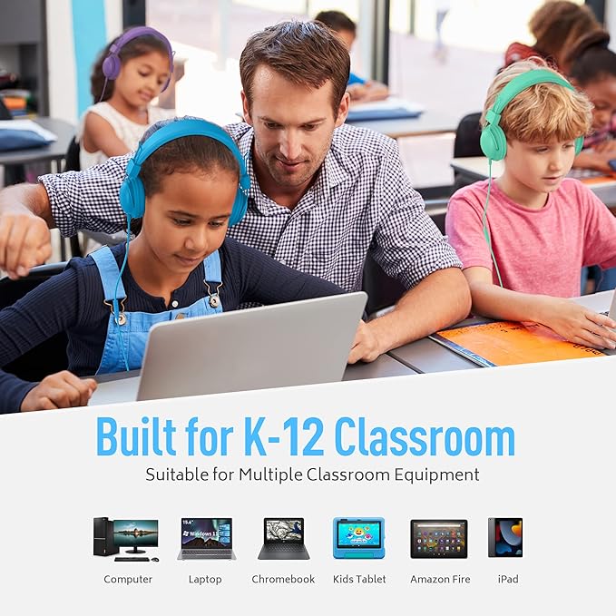 AILIHEN Classroom Headphones Kids 20-Pack for School Student K-12, On-Ear Premium Bulk Wired Headset with Mic, 85dB Volume Limited & SharePort, 3.5mm Jack for Chromebook, Computer, Laptop (Multicolor)