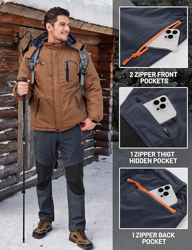 TACVASEN Men's Snow Ski Pants Fleece Lined Winter Pants for Men Water Resistant Thermal Snowboard Hiking Hunting Work