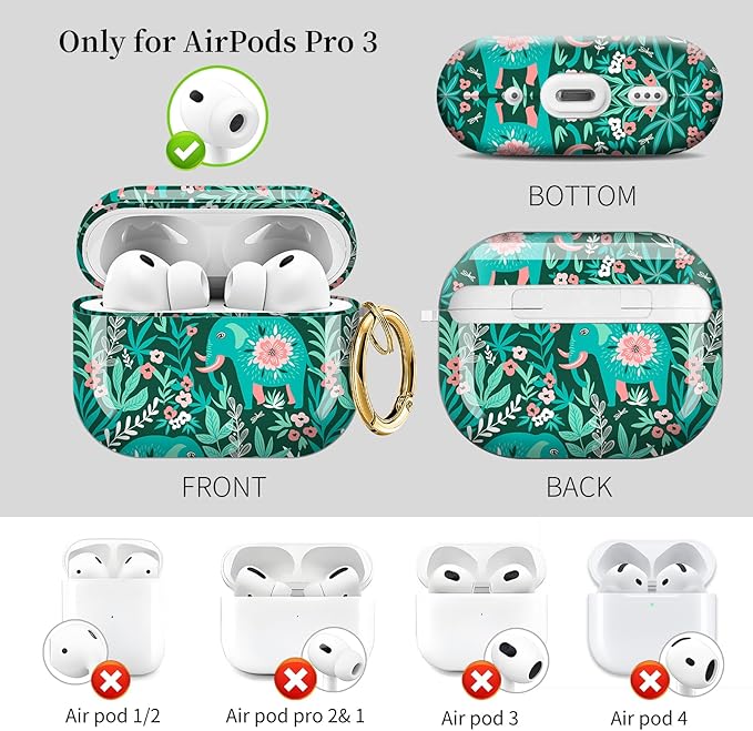 Case for AirPod Pro 3 Shock-Proof Protective Hard Case with Golden Keychain Compatible with Apple Airpods Pro 3rd Generation 2025 (Boho Tropical Floral Elephants)