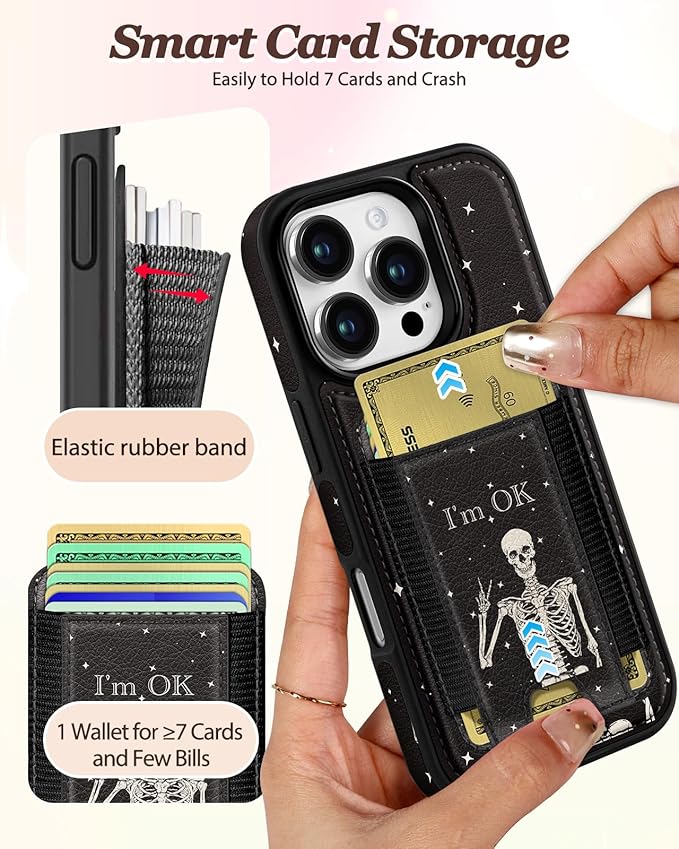 Shorogyt for iPhone 16 Pro Max Case Wallet - Fits 5 Cards, Compatible with Magsafe Magnetic Credit Card Holder Leather Cardholder Cute Phone Cover Women Girls for Apple 16 ProMax, OK Skeleton