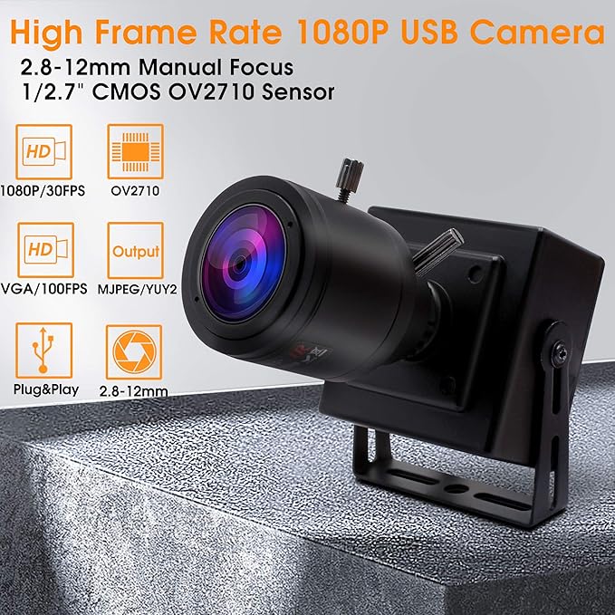 SVPRO FHD01M Manual Zoom Focus USB Camera, 2.8-12mm Varifocal Lens, 1080P FHD, 2MP High Frame Rate 100fps, UVC Plug & Play for Windows, Linux, Mac, Android