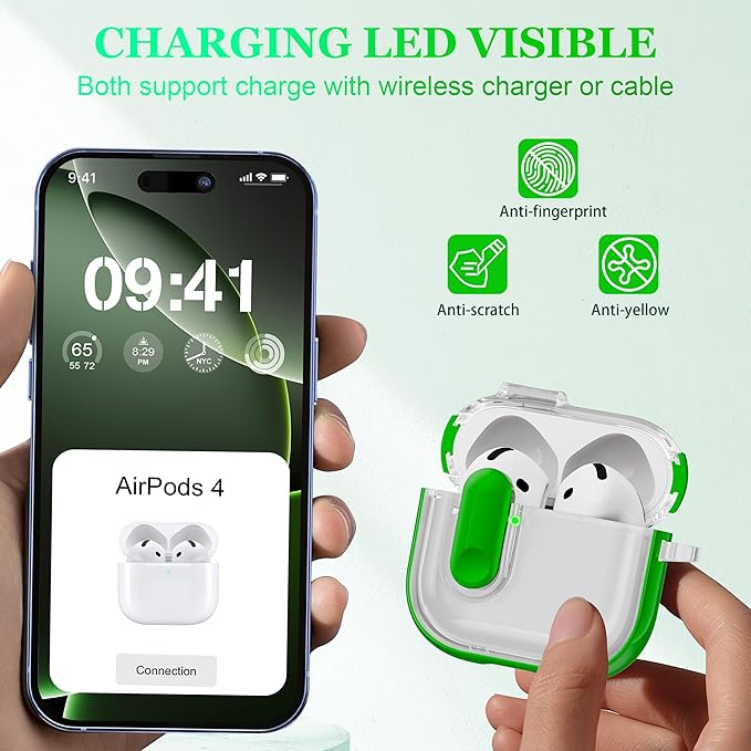 for AirPods 4th Generation Case 2024 with Bright Plated Bezel and Switches, Military-Grade Shockproof Transparent Anti-Yellowing for AirPods 4 Cover, Green