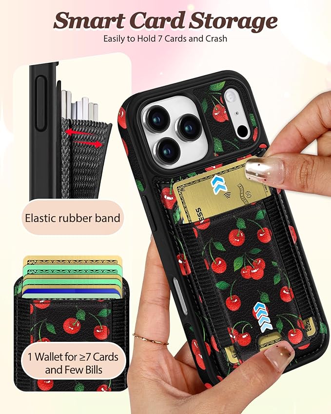 Shorogyt for iPhone 17 Pro Case Wallet - Fits 5 Cards, Compatible with Magsafe Detachable Magnetic Credit Card Holder Leather Cardholder Cute Phone Cover Women Girls for Apple 17Pro, Cherry