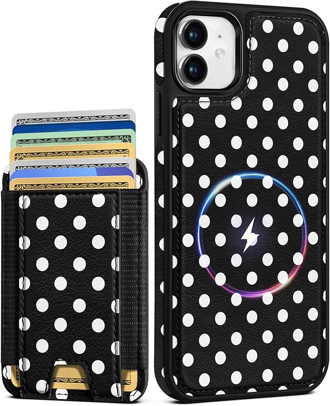 Shorogyt for iPhone 11 Wallet Case - Fits 5 Cards, Compatible with Magsafe Detachable Magnetic Credit Card Holder Leather Cardholder Cute Phone Cover Women Girls for Apple 11, Polka Dots