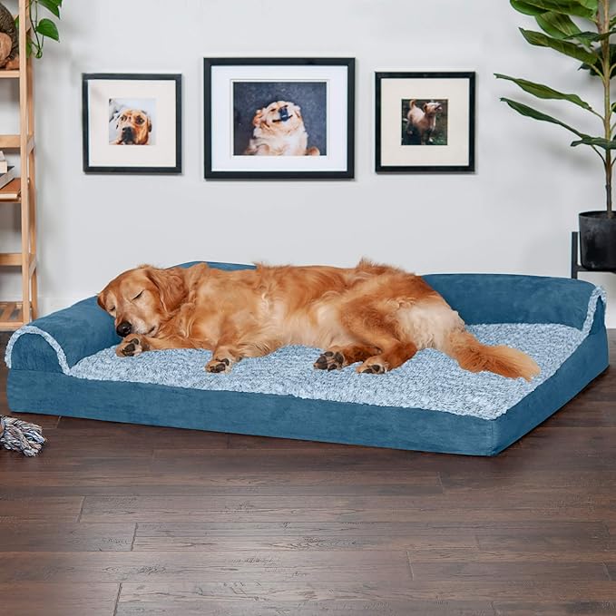 FurHaven Orthopedic Dog Bed for Large Dogs, L-Shaped Chaise Sofa with Orthopedic Egg Crate Foam for Joint Support, Removable Washable Cover, Jumbo/XL, Faux Fur & Suede, Marine Blue