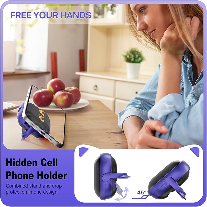 RFUNGUANGO is Compatible with AirPods Pro 3 Protective case, with Mobile Phone Holder Function, Multiple Colors Available, Suitable for AirPods Pro 3 Protective case,Purple + Cartoon Cat Head