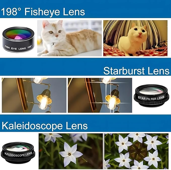 7 in1 Mobile Phone Camera Lens, Mobile Phone Lens Kit, Universal Clip, for iPhone, for Samsung, for Android Smartphone, On Wide Angle+Macro+ Fish Eye+Kaleidoscope+Star Filter+CPL Lens(Black)