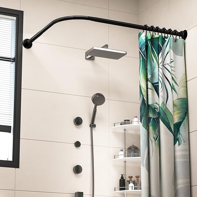 Adjustable Corner Shower Curtain Rod L Shaped Black Stretchable 304 Stainless 27"- 39"X47"- 65" Drill Free Install for Corner Bathtub with Free Hooks
