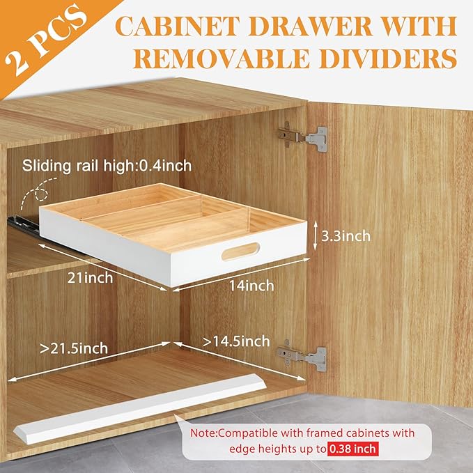 2 PCS Wood Pull Out Cabinet Organizers with Removable Dividers, 14''W x 21''D Nail-free Wood Sliding Drawers with Adhesive Tape, Roll Out Shelves for Kitchen, Pantry, Office (White)