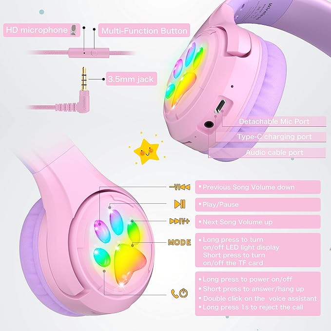 Riwbox CF9 Cat Ear Kids Bluetooth Headphones with LED Light Up,Safe 85dB Volume Limit,Built-in Mic&Boom Mic for Calls,Kids Wireless&Wired Headphones for Tablet/Airplane/School/Online Learning (Purple)