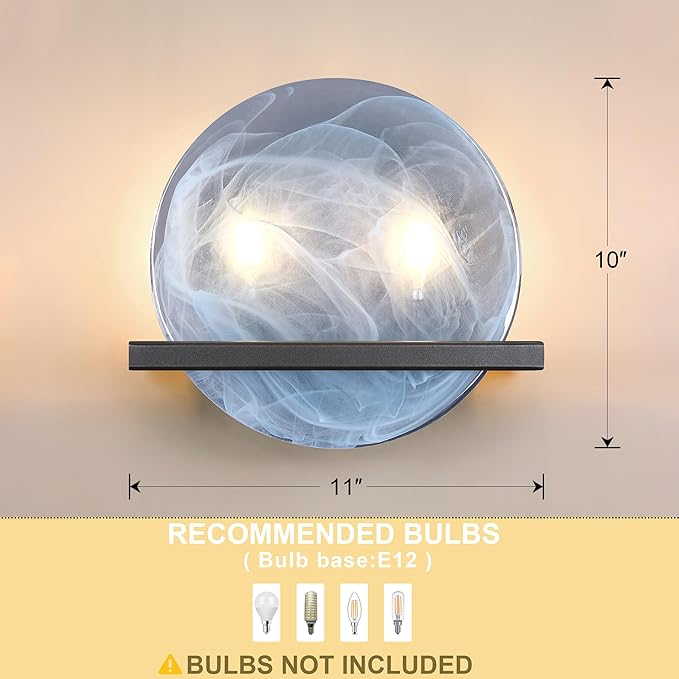 2 Light 10" Round Bllue Glass Bathroom Wall Sconce Modern Concise Style Wall Light Fixture,Black Finish for Bedroom Hallway Bedside