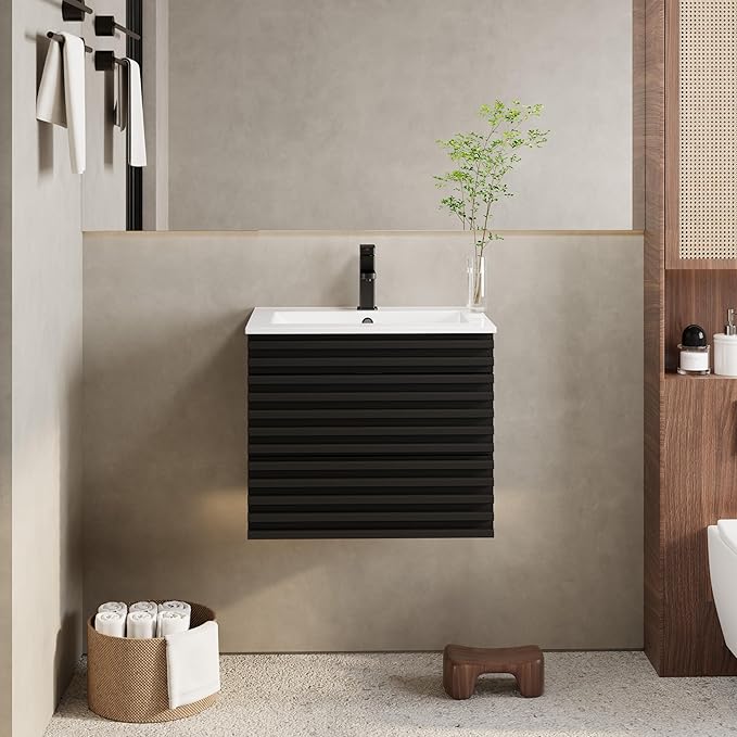 eclife 24" Floating Bathroom Vanity with Sink Combo Mid-Century Wall Mounted Cabinet with Wood Stripes Decor, Drawers, Undermount Sink, Faucet, Drain, Black
