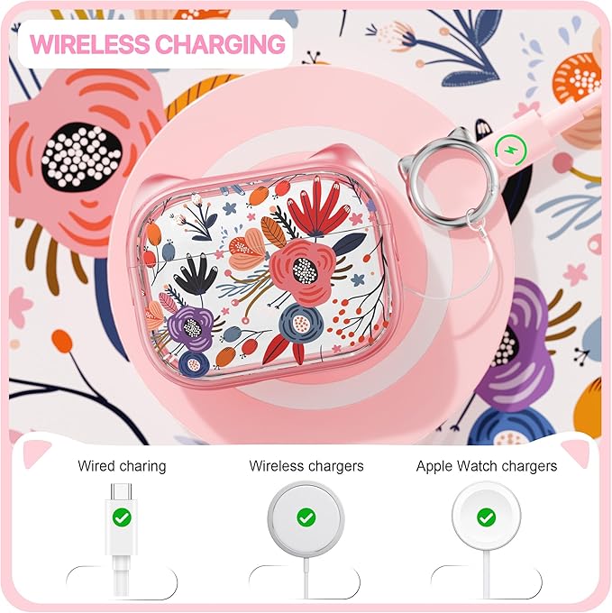 RFUNGUANGO AirPods Pro Case for Women Girly Cat Case with Lock, Phone Stand, Keychain & Cleaner Kit, Compatible with Apple Airpods Pro 2nd/1st Generation Case Cover, Pink Flower