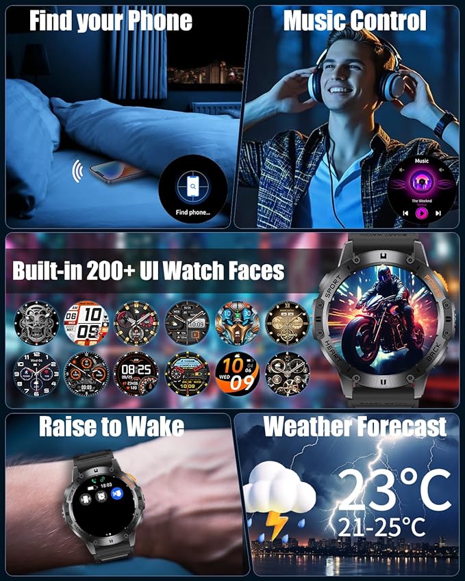 Military Smart Watches for Men with Bluetooth Call, 1.43" AMOLED Waterproof Smartwatch with Flashlight, 111 Sport Modes, 530mAh Heart Rate/Sleep Monitor for Android iOS