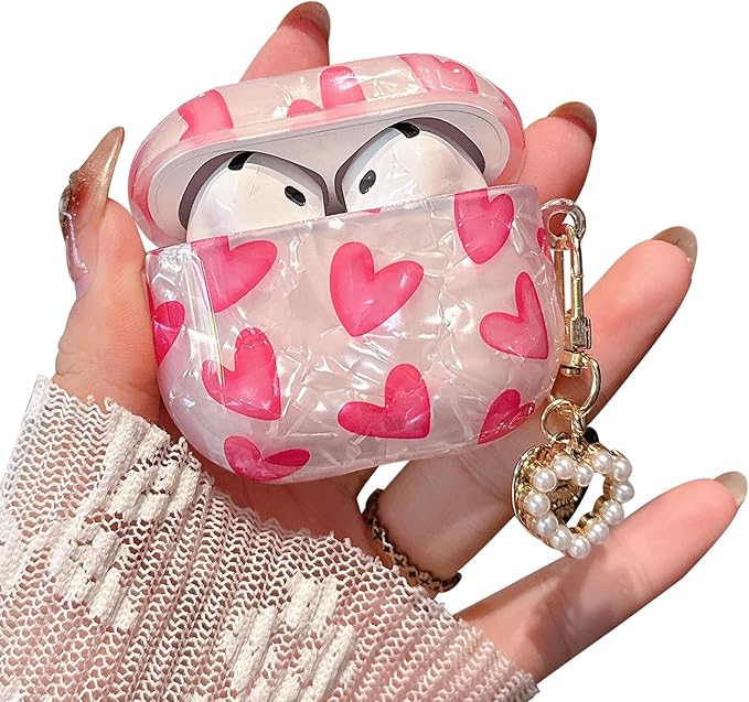 for Airpod 4 Case Cute Romantic Love Shell Pearl Protective Cover with Keychain Compatible with Airpods 4th Generation Case 2024 for Girls Women (Hot Pink Hearts)