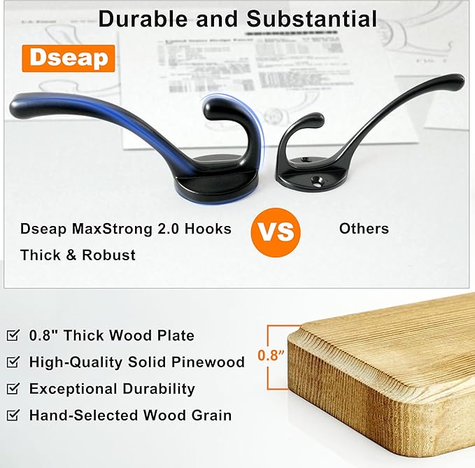 Dseap Coat Rack Wall: Patented, Heavy-Duty, 5-Double-Hooks Wooden Wall Mounted Coat Rack Coat Hanger Hook Rail for Winter Coats Hat Jacket Clothing, Light Brown