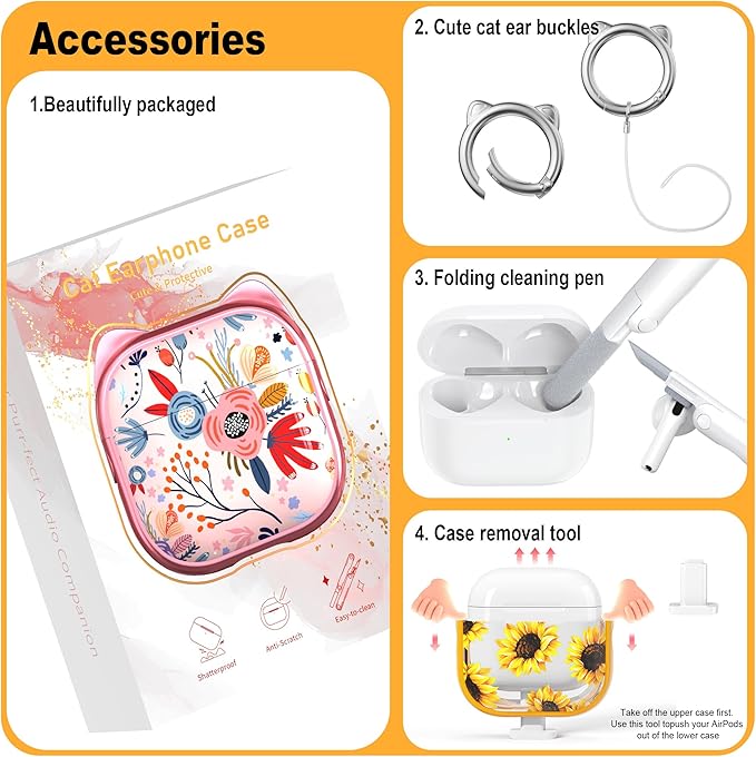 RFUNGUANGO AirPods 4 Case for Women Girly Cat Case with Lock, Phone Stand, Keychain & Cleaner Kit, Compatible with Apple Airpods 4th Generation Case Cover, Transparent Sunflower