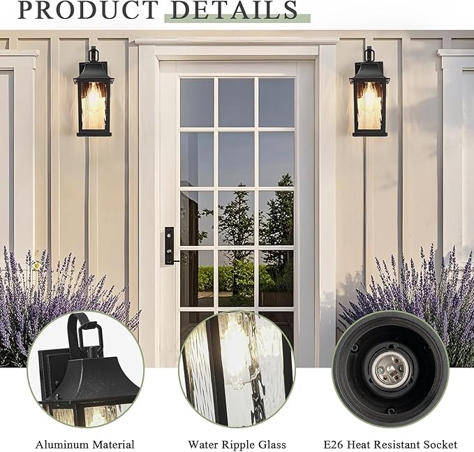 2-Pack Porch Light Fixture，Matte Black Outdoor Wall Sconce Light - 13" Rustproof Aluminum Exterior Lighting with Water Pattern Glass for Patio Yard House Hallway Doorway Garage