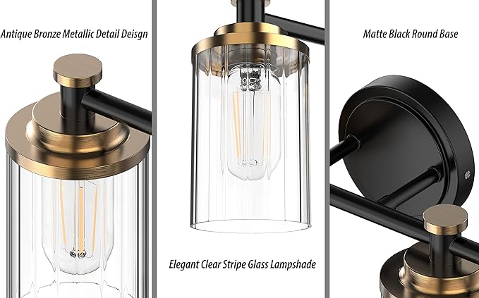 Bathroom Lighting Fixtures Black and Gold Bathroom Vanity Light with Cylindrical Clear Stripes Glass Lampshade E26 Socket Base Bathroom Lighting Fixtures Over Mirror (2 Lights)
