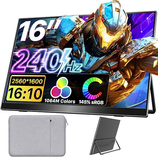 Upperizon Portable Monitor 16 inch 2K QHD 2560X1600 145% sRGB 240 Hz HDR HDMI USB-C Travel Monitor for Laptop MacBook PC Surface PS5 Xbox, External Display with Kickstand & Speakers, VESA Compatible