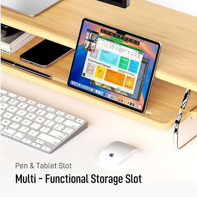 Monitor Stand Riser, Bamboo & Acrylic 2 Tier Computer Monitor Stand with LED Light, 31.5 inch Large Desktop Organizer for Desk, Stand for Computer, Laptop, Printer, PC & TV Screen Riser