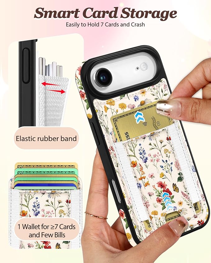 Shorogyt for iPhone Air Wallet Case - Fits 5 Cards, Compatible with Magsafe Detachable Magnetic Credit Card Holder Leather Cardholder Cute Phone Cover Women Girls for Apple 17 Air, Floral