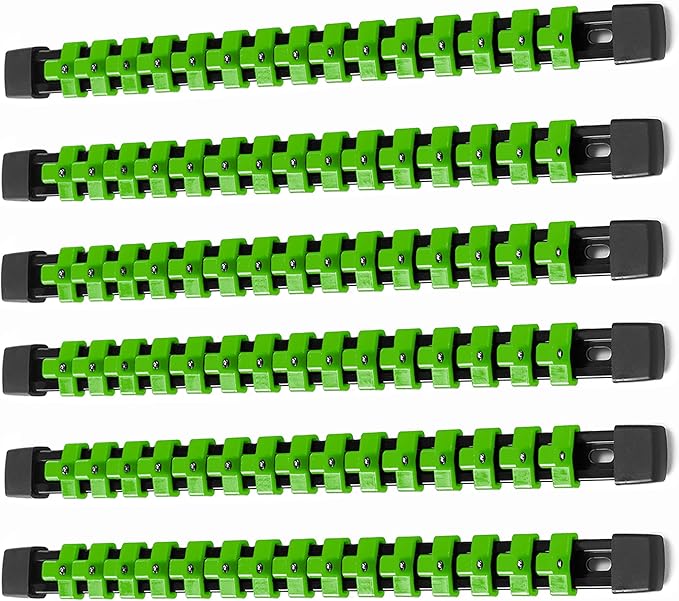 ALOANES 6PC ABS Socket Organizer, Socket Rails Fit 3/8 inch Drive, Heavy Duty Socket Holders Hold up to 90 Sockets, Black Rails with Green Clips