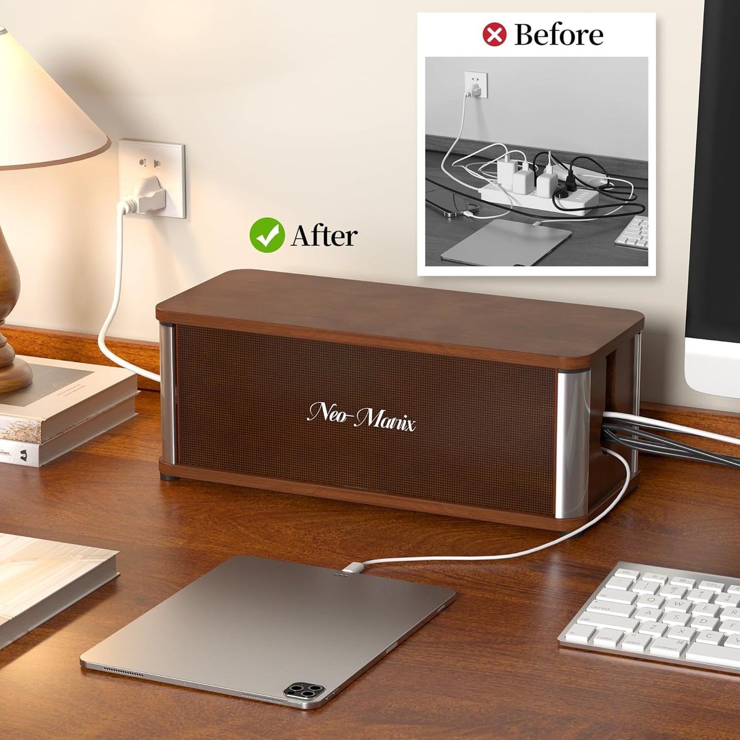 Techloop Living Wooden Cable Management Box – Retro Desk Cord Organizer, Dark Brown 14.3"