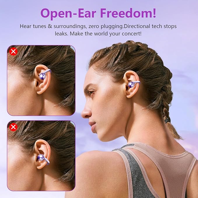 Clip on Headphones,Open Bluetooth 5.4 Earbuds with LED Digital Display Built-in Mic IPX7 Waterproof 50H Playback Sports Bone Conduction Earphones Suitable for Small Ears and Eyeglass Wearers (Purple)4