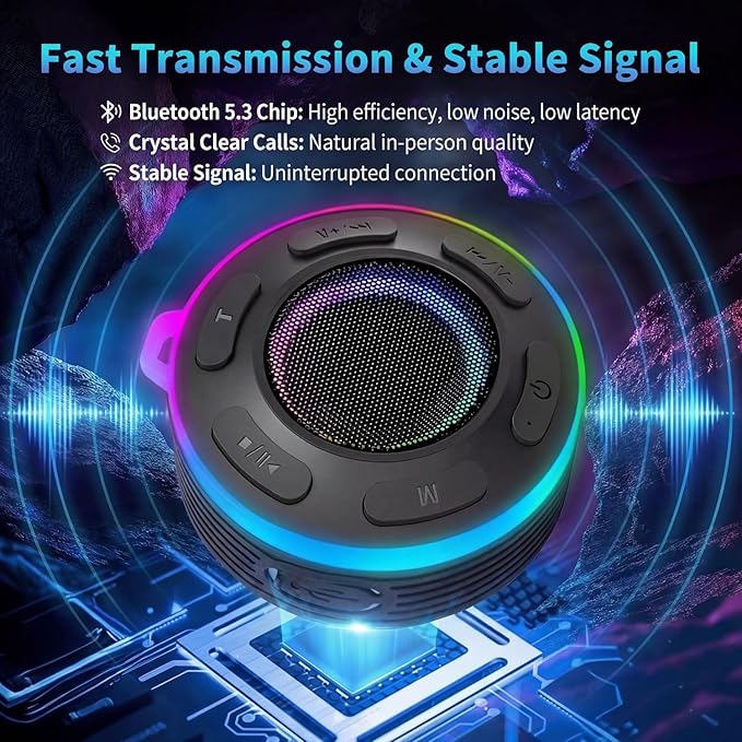 Portable Bluetooth Speaker with vibrant led lights, IPX6 Waterproof, Loud Stereo Sound,Hands-Free Calling/Radio, for Shower, Beach, Outdoors, Over 10 H Playtime, Mini/Small, Suction Cup & Hook