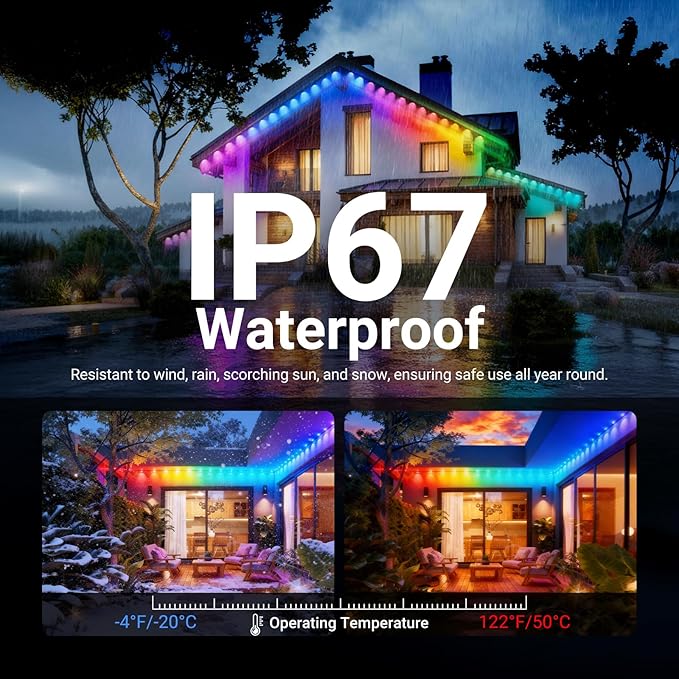 NEEWER 144ft Permanent Outdoor Lights for House Decor, Smart AI RGBCW Outside Eaves String Christmas Lighting with 90 LED Lights App Control 50+ Scenes IP65 Waterproof, Compatible with Alexa, NR02