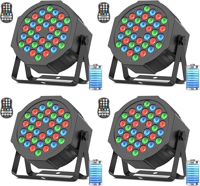 HOLDLAMP Rechargeable Par Lights 36W RGB Battery Powered, Wireless LED Par Lights DJ Uplights Sound Activated& Remote Control for Wedding Events Club Party Church Stage Lighting, 4 Pack