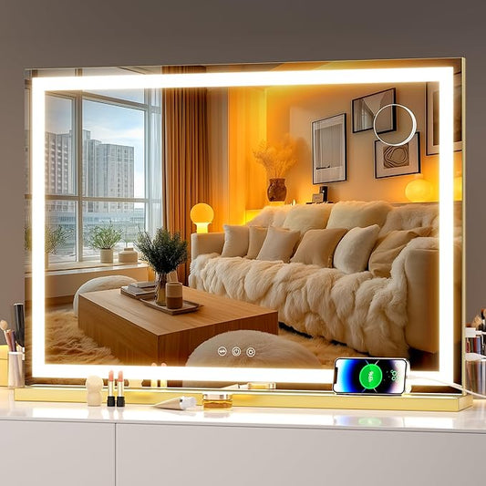 Hasipu Vanity Mirror with Lights, 28" x 20" LED Makeup Mirror, Lighted Makeup Mirror with Dimmable 3 Modes, Touch Screen Control Vanity Mirror Square Gold