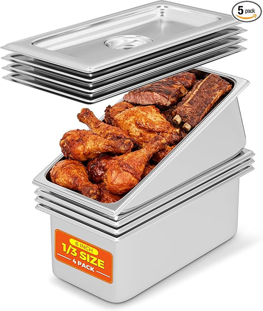 4 Pack Hotel Pans with Lids 1/3 Size 6" Deep, Stainless Steel Steam Table Pan with Lid, Commercial Metal Buffet Food Storage Container, Anti-Jam Design, for Restaurant, Kitchen, Party, Home