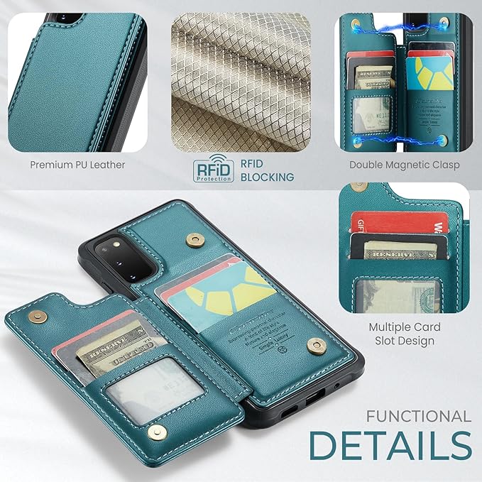 Bemal for Samsung Galaxy S20 FE Wallet Case with Card Holder, RFID Blocking, Shockproof Leather Kickstand for Men and Women, Durable Protective Phone Cover for 6.5", Bluish Green
