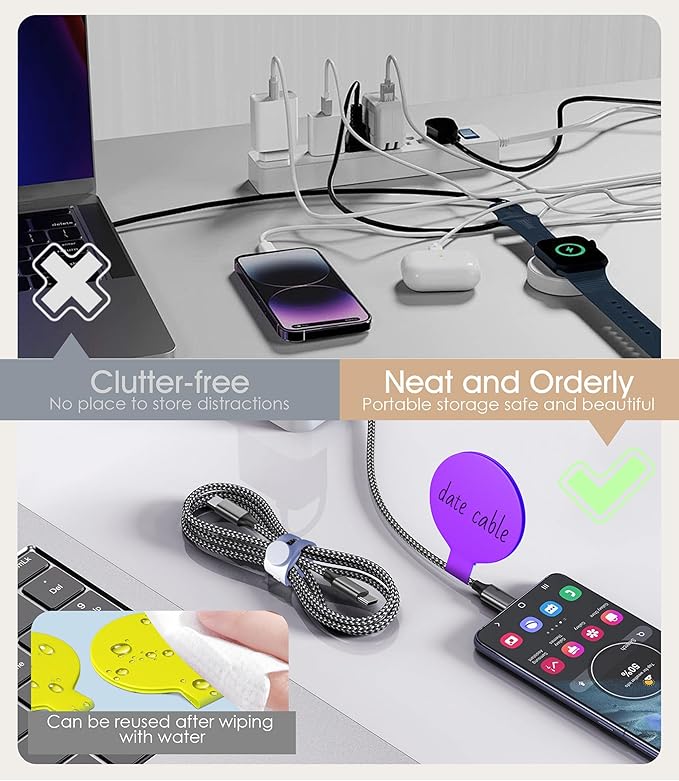 Nearockle 32Pcs Cable Management Set – 20 Silicone Ties + 12 Cord Labels, Multicolor