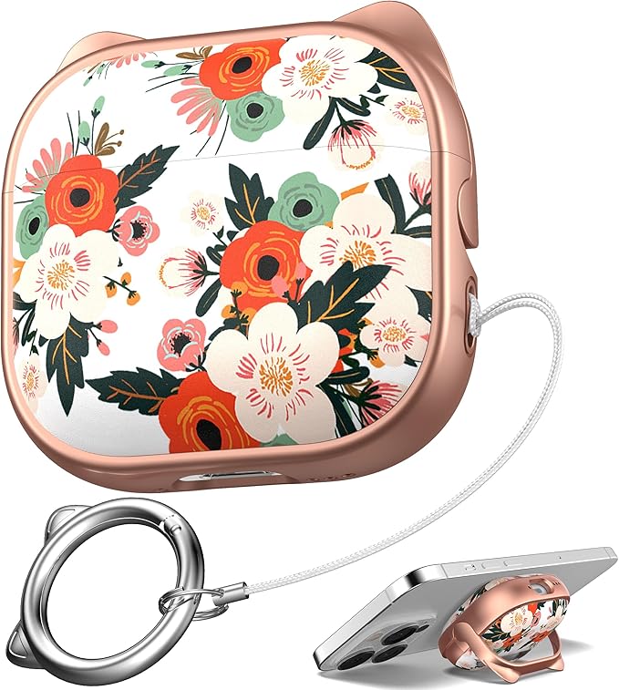 for AirPods 4 Case with Cleaning Kit, Cute Cat Ear Print Design & Cute Buckle, Inverted Phone Holder Design, Top Safe Lock Buckle Design, for Girls AirPods 4 case 2024, Rose Gold Flower