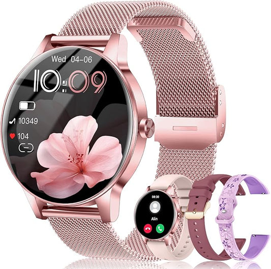 Smart Watch for Women, Answer/Make Call,1.27'' Touchscreen, 120+ Sports Modes Fitness Tracker, 24H Heart Rate/Sleep/Menstrual Cycle/IP68 Fitness Watch for Android iOS, 4 Straps (Pink)