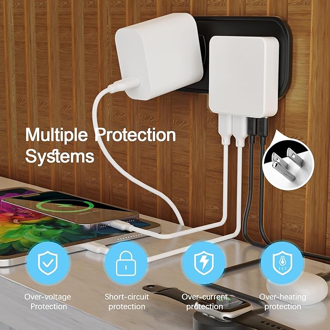 BUDI Flat USB C Wall Charger, 34W 4-Port Slim USB Wall Charger, Fast Charging Block with 20W Port Power Delivery and Dual Type-C for iPhone 16/15/14/13/12/11/Pro Max/XS/XR/8/7,Tablets