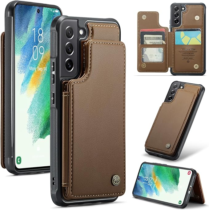 Bemal for Samsung Galaxy S21 FE Wallet Case with Card Holder, RFID Blocking, Shockproof Leather Kickstand for Men and Women, Durable Protective Phone Cover for 6.4", Brown