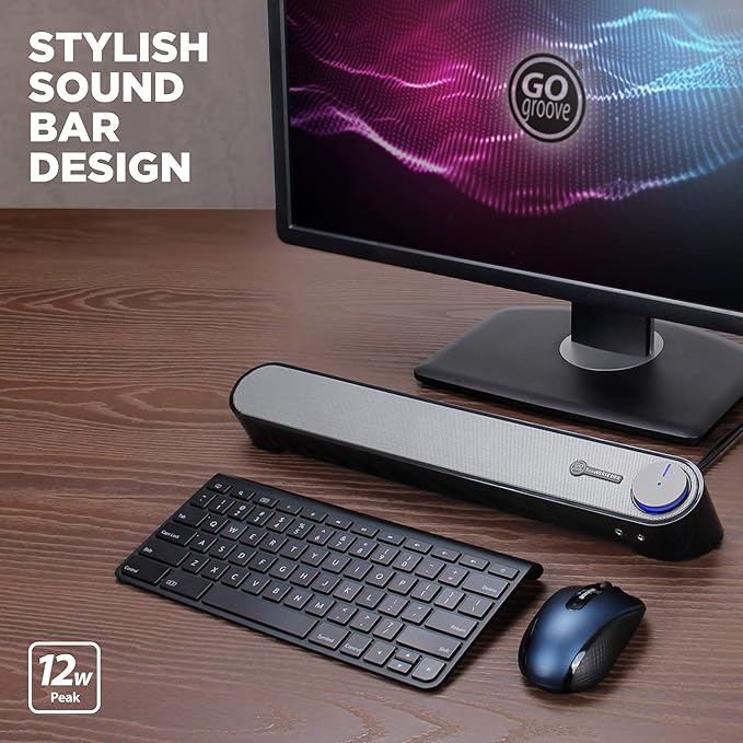 GOgroove Computer Speaker Mini Soundbar - USB Powered PC Sound Bar with Easy Setup Wired AUX, Stereo Audio, Microphone Port, Volume Control Knob, Under Monitor Design for Desktop (Black)