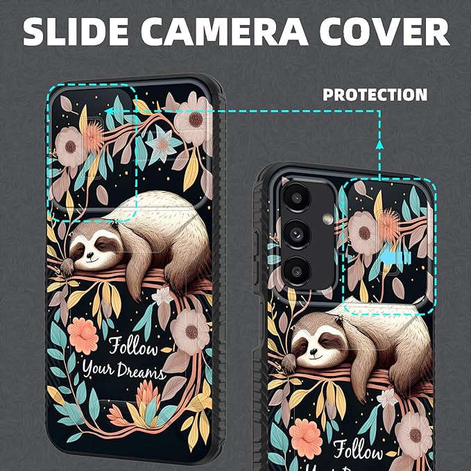for Galaxy A15 5G Case Built in Slide Camera Lens Cover,Heavy Duty Shockproof Protection Dual Layer Case for Samsung Galaxy A15 5G 6.5 inch 2024,Cute Baby Sloth On The Tree