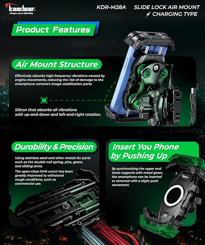 Kaedear Motorcycle Smartphone Holder, Vibration Absorption, QI, Wireless Charging, USB Powered, Waterproof, Mobile Phone Holder, Vibration Absorption, Mount, Air Mount, KDR-M28A
