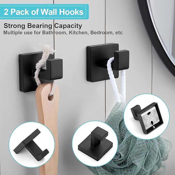 Herogo 5 Pieces Bathroom Accessories Set, 23.5 Inch Matte Black Bathroom Hardware Set, Including Toilet Paper Holder, Hand Towel Holder, Hooks & Ring, Bath Towel Racks Bars Wall Mount