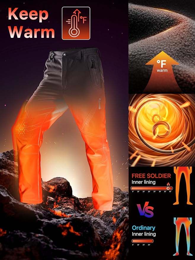 FREE SOLDIER Men's Fleece Lined Outdoor Cargo Hiking Pants Water Repellent Softshell Snow Ski Pants with Zipper Pockets
