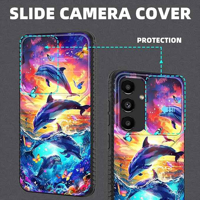 for Galaxy S25 Plus Case Built in Slide Camera Lens Cover,Heavy Duty Shockproof Protection Dual Layer Case for Samsung Galaxy S25 Plus 6.7" 2025,Dolphins and Butterflies