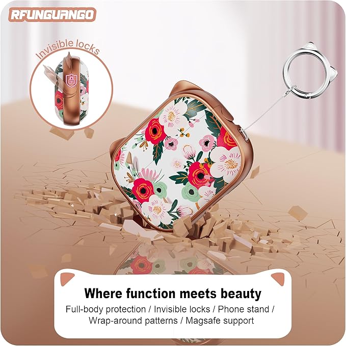 RFUNGUANGO AirPods Pro Case for Women Girly Cat Case with Lock, Phone Stand, Keychain & Cleaner Kit, Compatible with Apple Airpods Pro 2nd/1st Generation Case Cover, Rose Gold Flower