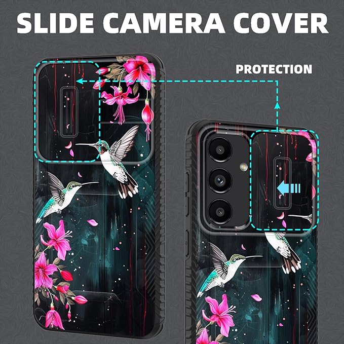 for Galaxy S26 Case Built in Slide Camera Lens Cover,Heavy Duty Shockproof Protection Dual Layer Case for Samsung Galaxy S26 6.3" 2026,Flower Hummingbird